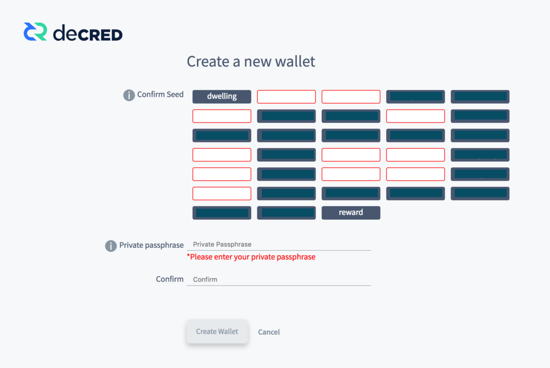 Figure 9 - Wallet seed confirmation and a passphrase to protect the private key