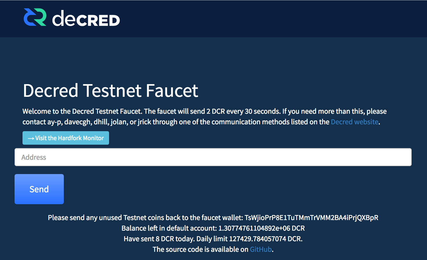 Figura 6 - Decred Testnet Faucet